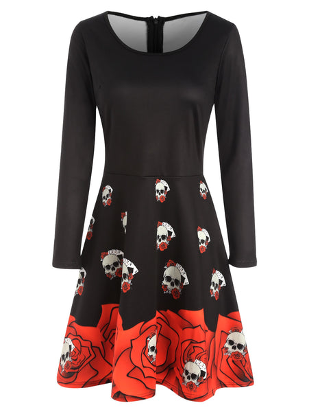 Halloween Skull Print Flare Dress