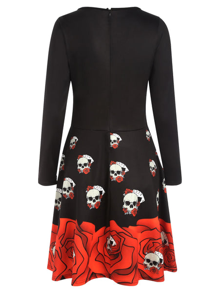Halloween Skull Print Flare Dress