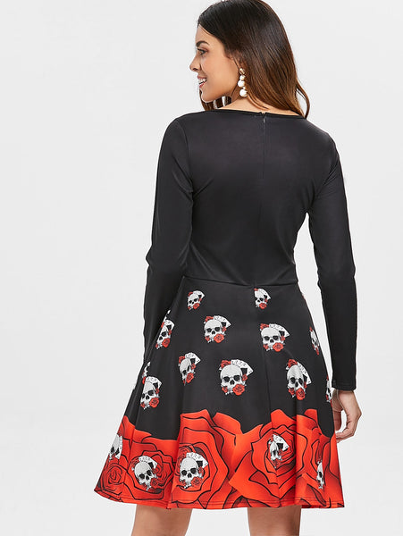 Halloween Skull Print Flare Dress