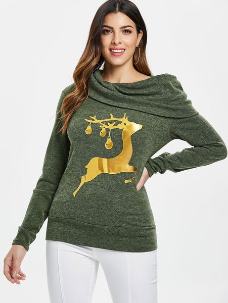 Elk Deer Print Cowl Neck Pullover Sweatshirt