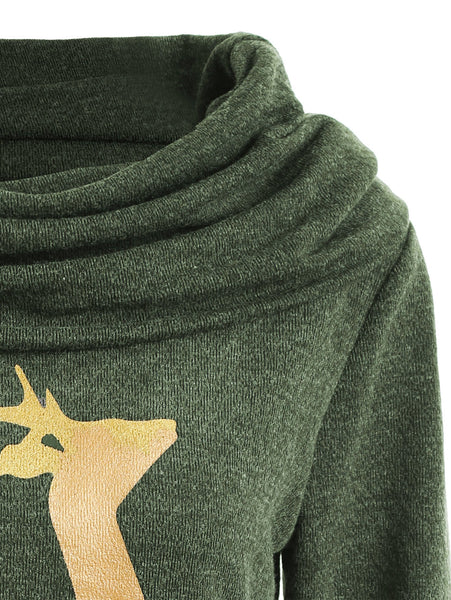 Elk Deer Print Cowl Neck Pullover Sweatshirt