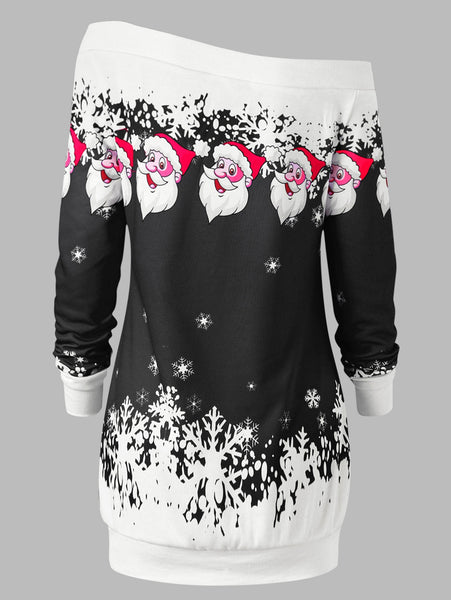 Santa Claus Snowflake Skew Neck Pullover Christmas Sweatshirt