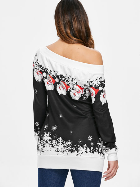 Santa Claus Snowflake Skew Neck Pullover Christmas Sweatshirt