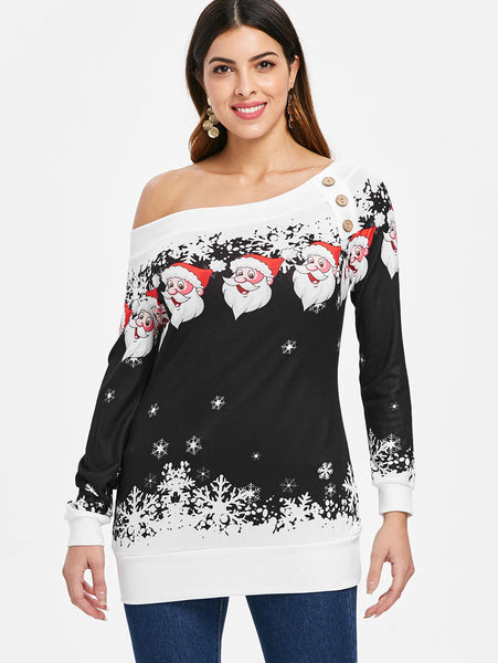 Santa Claus Snowflake Skew Neck Pullover Christmas Sweatshirt