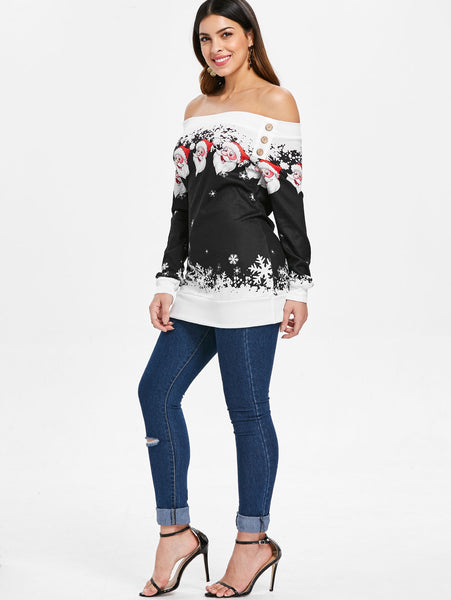 Santa Claus Snowflake Skew Neck Pullover Christmas Sweatshirt