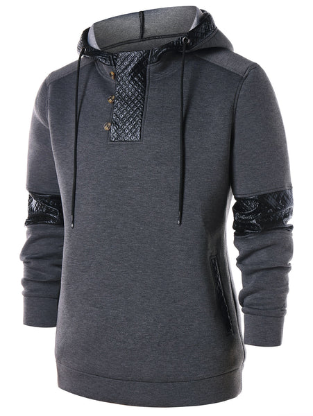 PU Leather Panel Button Embellished  Hoodie