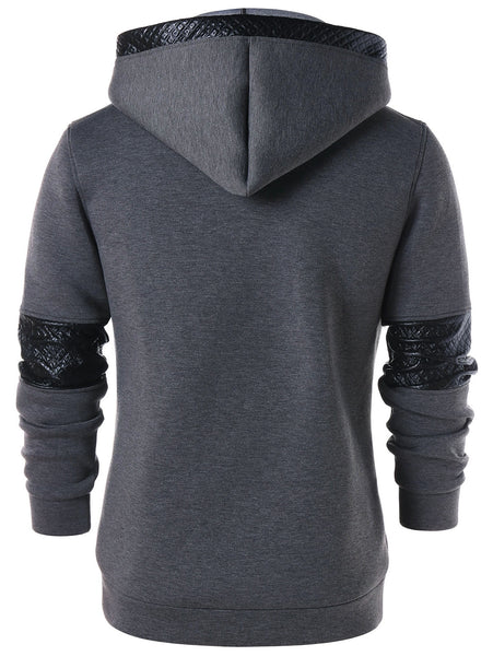 PU Leather Panel Button Embellished  Hoodie