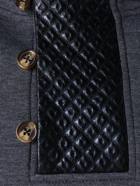 PU Leather Panel Button Embellished  Hoodie