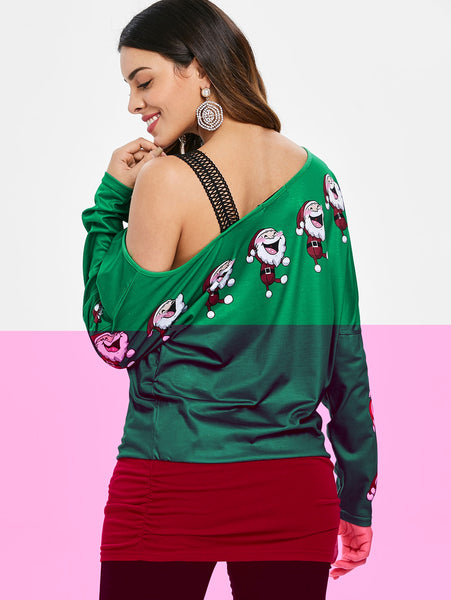 Cold Shoulder Santa Claus Laugh Print T-shirt