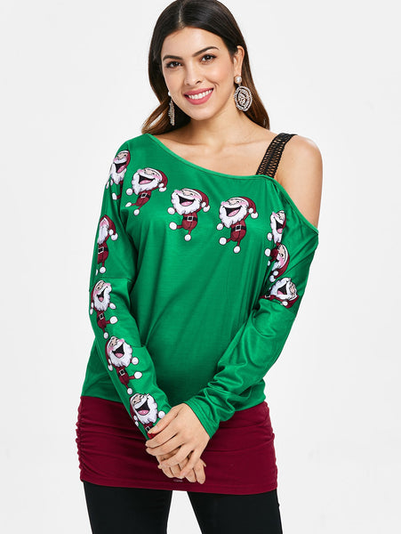 Cold Shoulder Santa Claus Laugh Print T-shirt