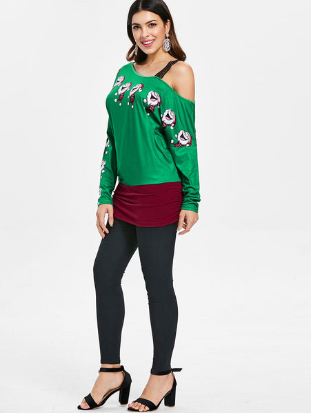 Cold Shoulder Santa Claus Laugh Print T-shirt