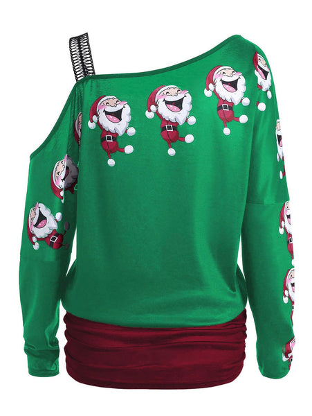 Cold Shoulder Santa Claus Laugh Print T-shirt
