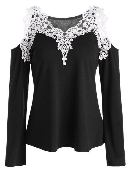 Cold Shoulder Lace Panel Color Block T-Shirt with Long Sleeve