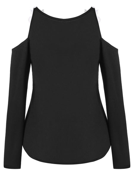 Cold Shoulder Lace Panel Color Block T-Shirt with Long Sleeve
