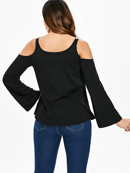 Cold Shoulder Lace Panel Color Block T-Shirt with Long Sleeve