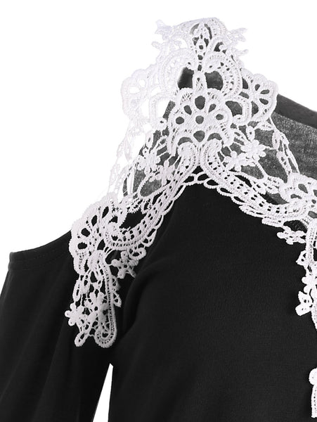 Cold Shoulder Lace Panel Color Block T-Shirt with Long Sleeve