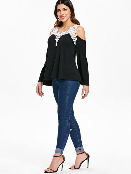 Cold Shoulder Lace Panel Color Block T-Shirt with Long Sleeve