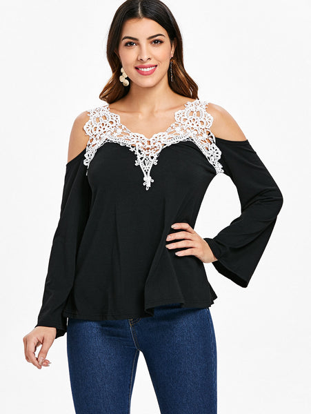 Cold Shoulder Lace Panel Color Block T-Shirt with Long Sleeve