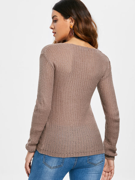 Casual V-Neck Solid Color Long Sleeves Pullover Sweater For Women