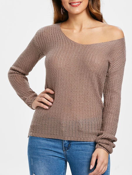 Casual V-Neck Solid Color Long Sleeves Pullover Sweater For Women