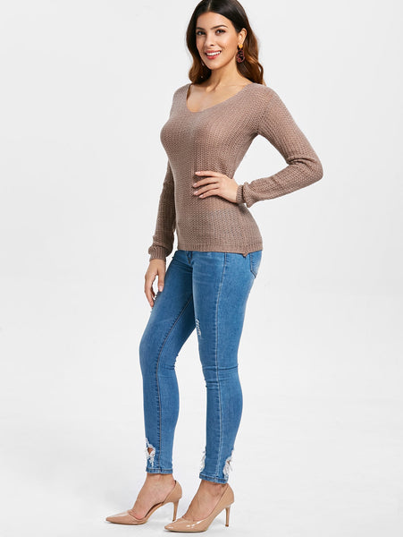 Casual V-Neck Solid Color Long Sleeves Pullover Sweater For Women