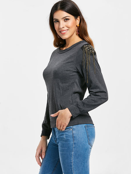 Alluring Women's Long Sleeve Jewel Neck Solid Color T-Shirt