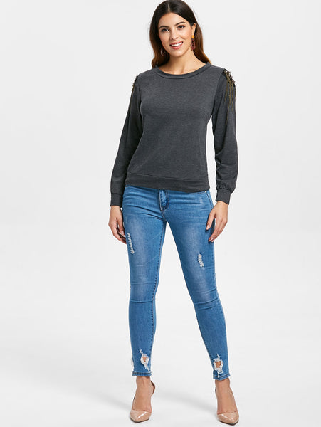 Alluring Women's Long Sleeve Jewel Neck Solid Color T-Shirt