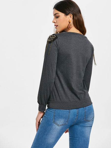 Alluring Women's Long Sleeve Jewel Neck Solid Color T-Shirt