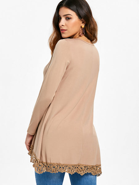 Lace Panel High Low Long Sleeve T-shirt