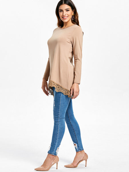 Lace Panel High Low Long Sleeve T-shirt