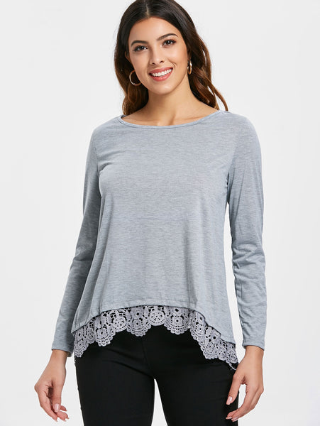 Stylish Lace Spliced Hem Long Sleeve Gray T-Shirt For Women