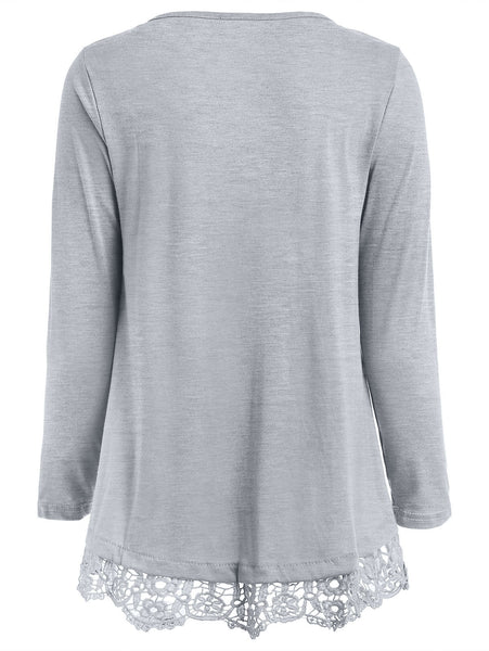 Stylish Lace Spliced Hem Long Sleeve Gray T-Shirt For Women