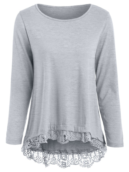 Stylish Lace Spliced Hem Long Sleeve Gray T-Shirt For Women