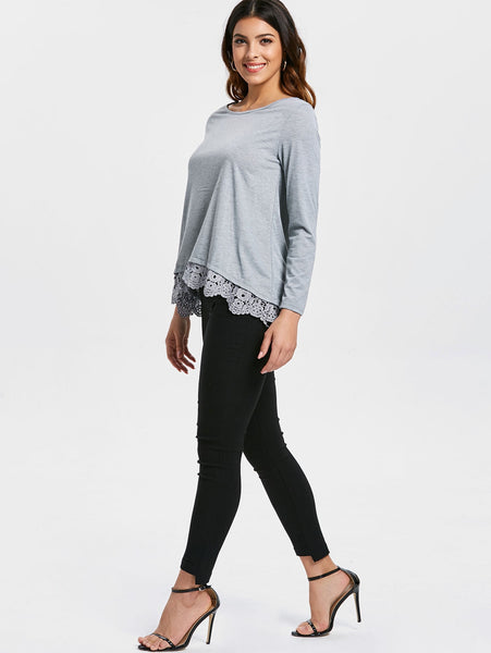 Stylish Lace Spliced Hem Long Sleeve Gray T-Shirt For Women