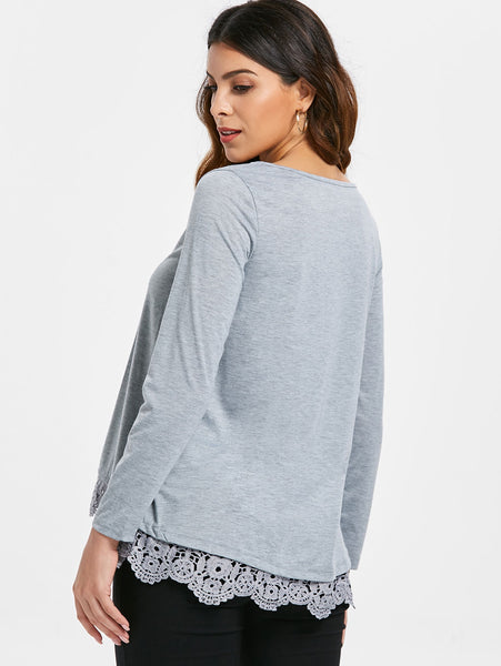 Stylish Lace Spliced Hem Long Sleeve Gray T-Shirt For Women