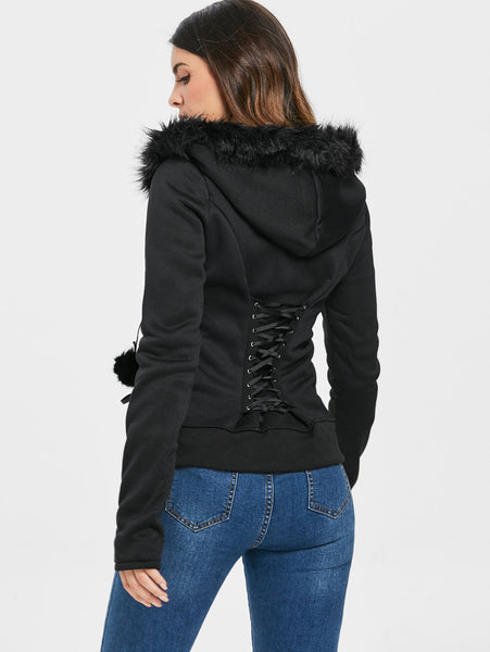 Faux Fur Insert Hooded Pendant Lace-Up Zippered Hoodie