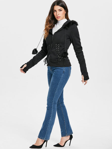 Faux Fur Insert Hooded Pendant Lace-Up Zippered Hoodie