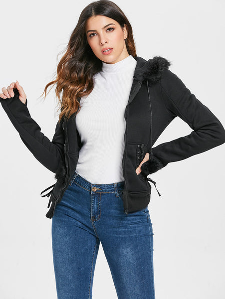 Faux Fur Insert Hooded Pendant Lace-Up Zippered Hoodie
