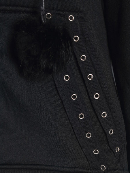 Faux Fur Insert Hooded Pendant Lace-Up Zippered Hoodie