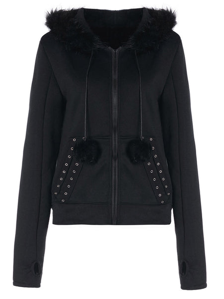 Faux Fur Insert Hooded Pendant Lace-Up Zippered Hoodie