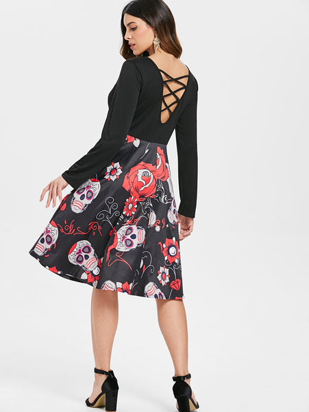 Criss Cross Sugar Skull Print Dress