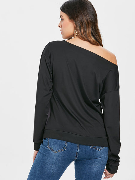 Halloween Print Skew Neck Sweatshirt