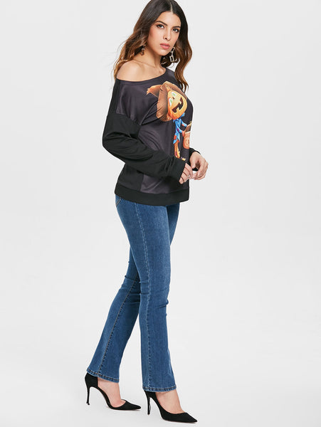 Halloween Print Skew Neck Sweatshirt