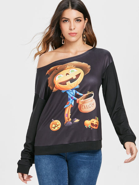 Halloween Print Skew Neck Sweatshirt