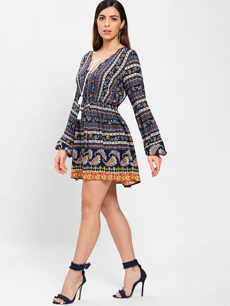 Elastic Waist Long Sleeve Bohemia Print Dress