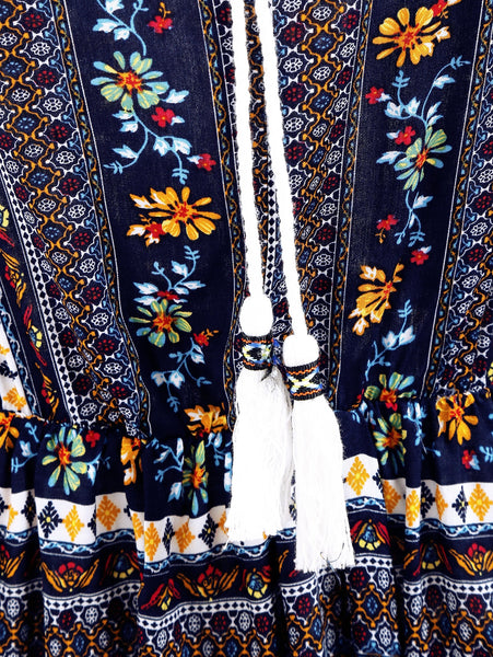 Elastic Waist Long Sleeve Bohemia Print Dress