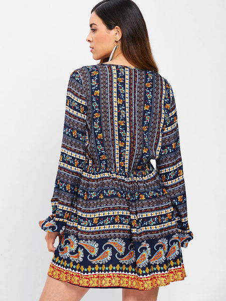 Elastic Waist Long Sleeve Bohemia Print Dress