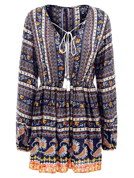 Elastic Waist Long Sleeve Bohemia Print Dress