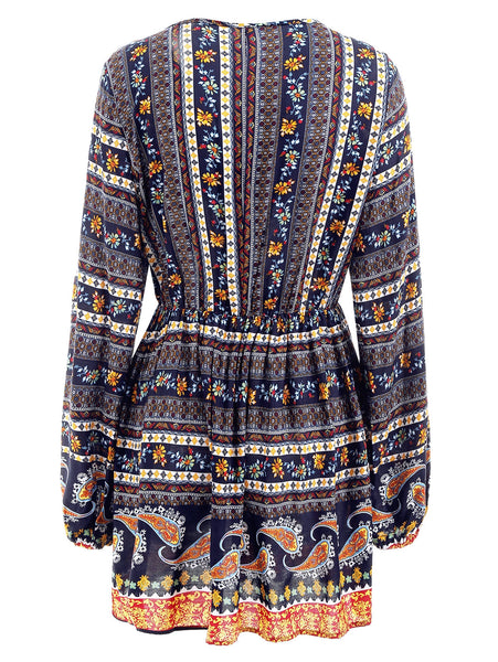 Elastic Waist Long Sleeve Bohemia Print Dress