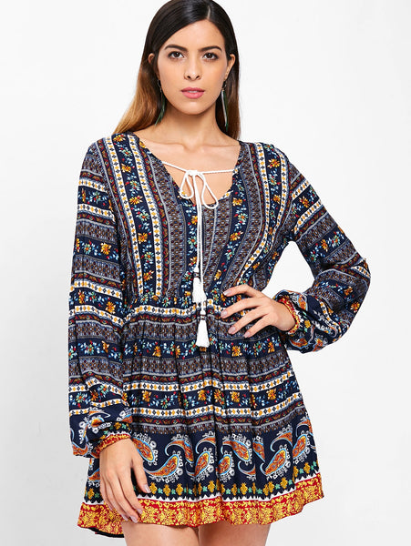 Elastic Waist Long Sleeve Bohemia Print Dress
